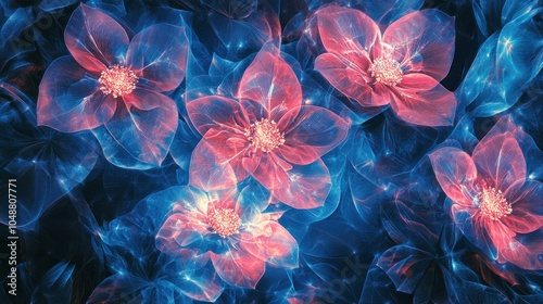 A digital art image of glowing pink and blue flowers with white centers on a dark background.