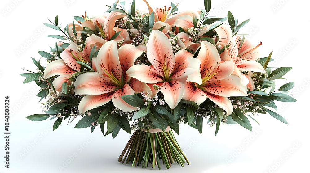 Obraz premium .A graceful bouquet of fresh lilies in soft white and pink tones, with long, elegant stems and lush green leaves.