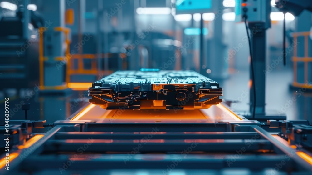 Electric Vehicle Battery Pack on a Conveyor Belt in a Factory Electric Vehicle Battery Pack on a Conveyor Belt in a Factory