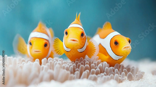 A group of clownfish darting playfully among the protective tentacles of a sea anemone the bright orange and white stripes of the fish standing out against the soft flowing tendrils of the anemone cre photo