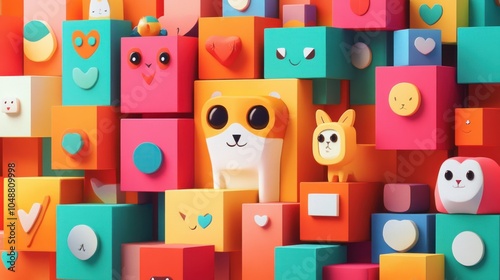 Abstract shapes and cute animals, arranged in a colorful blocky design for a playful artistic feel.