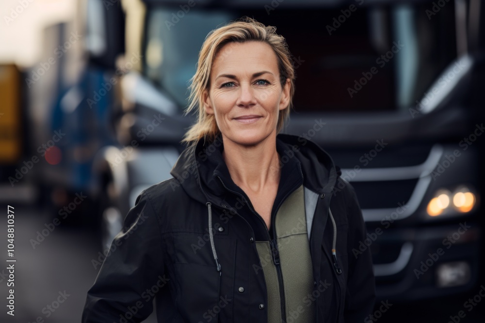 Portrait of a confident middle aged Caucasian female truck driver
