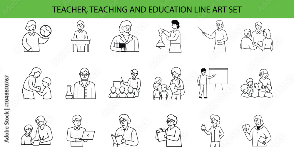 Fototapeta premium Set of 18 line art icons depicting teachers instructing students in various subjects, including science, math, and literature. The icons are simple and clean, perfect for educational materials.