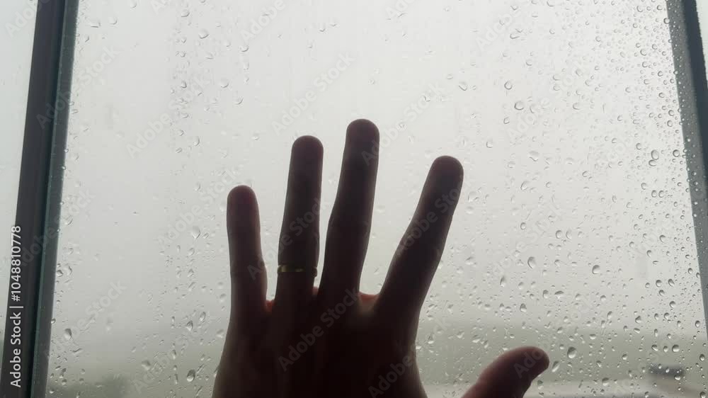 mão na janela gotas de água da chuva caindo 