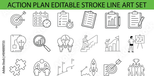 A set of   line art icons depicting various aspects of action planning, including goals, deadlines, checklists, progress, teamwork, and success.