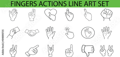 A set of 18 line art icons depicting various hand gestures, including peace sign, pointing, heart, and fist. 