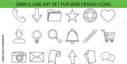 A set of  simple line art icons for web design, including phone, arrow, folder, star, globe, heart, user, lightbulb, magnifying glass, bell, pencil, shopping cart, camera, mail, flag, arrow, note, a