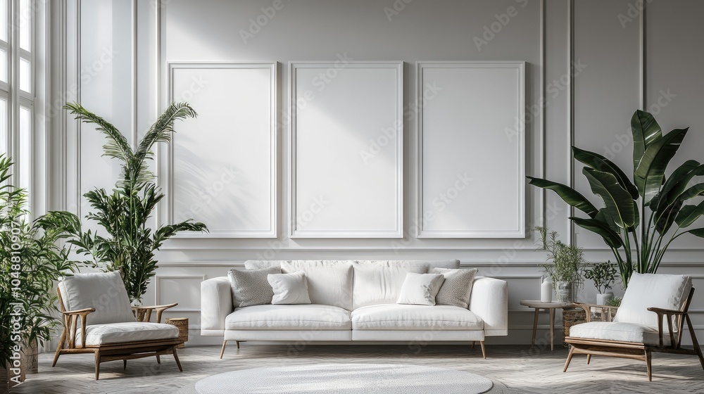 Modern living room interior with white sofa, two armchairs, three empty frames, and plants on the side, sun shining from the window. Modern living room interior with white sofa, two armchairs, three empty frames, and plants on the side, sun shining from the window.