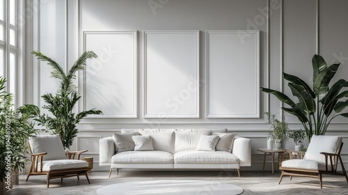 Modern living room interior with white sofa, two armchairs, three empty frames, and plants on the side, sun shining from the window.