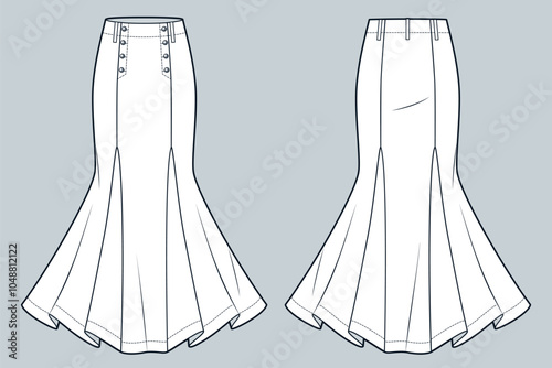 Maxi Skirt technical fashion illustration. Godet Skirt fashion flat technical drawing template, flared, buttons, front and back view, white, women CAD mockup.