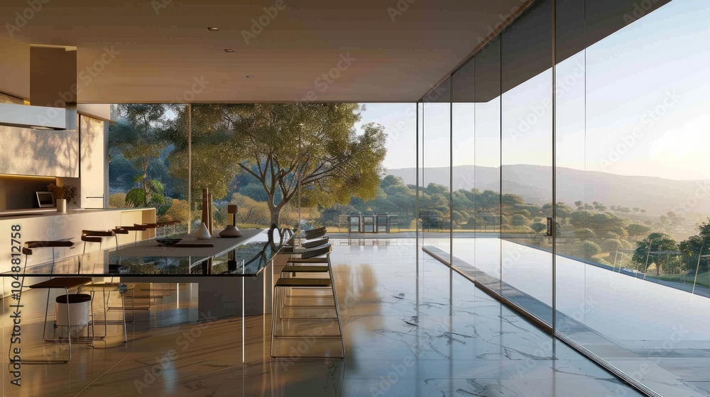 Fototapeta premium Modern Dining Room with Expansive Mountain Views Through Floor-to-Ceiling Windows
