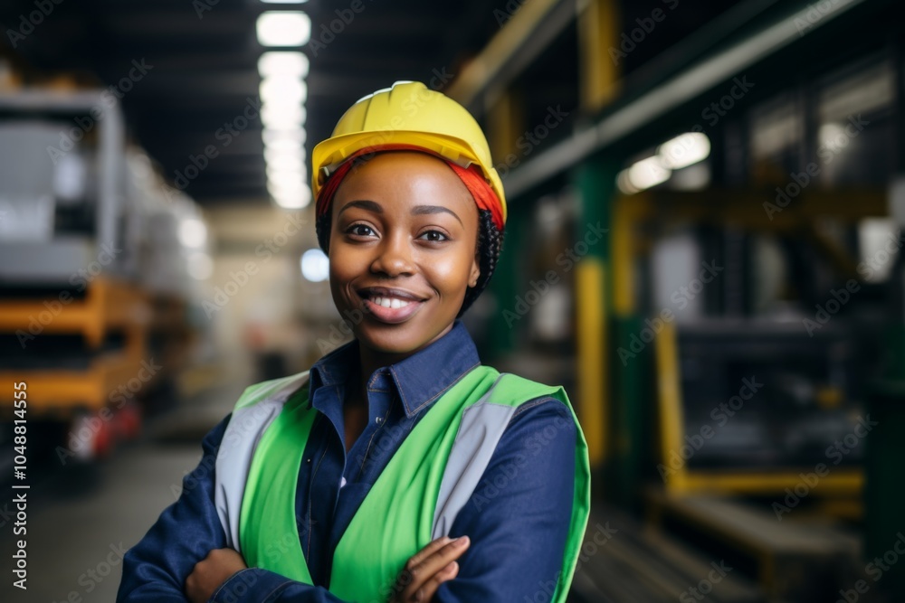 Smiling portrait of a young woman working in factory