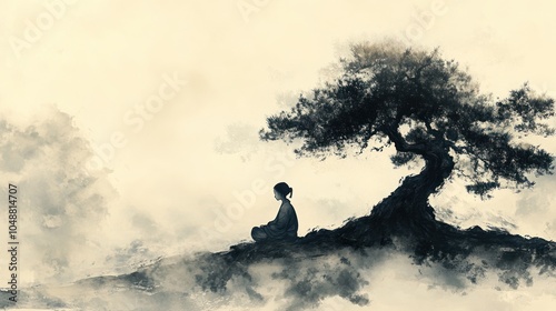 Serene Meditation Under Pine Tree in Misty Mountain Landscape - Zen Peace and Tranquility Concept Art