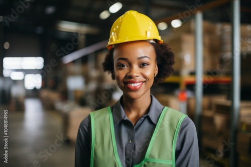 Smiling portrait of a young woman working in factory