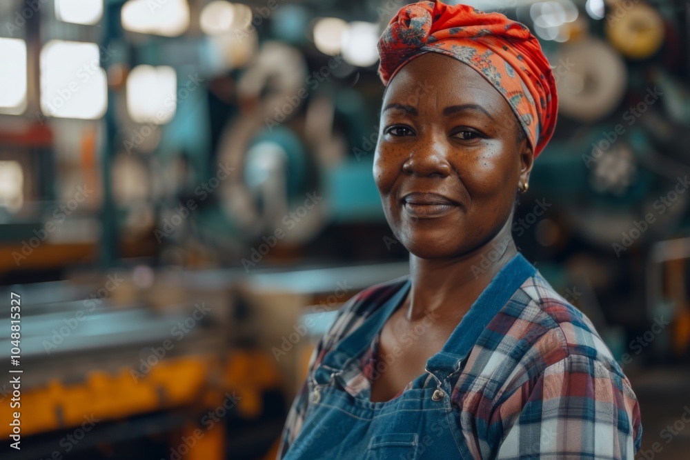 Smiling portrait of a young woman working in factory Smiling portrait of a young woman working in factory