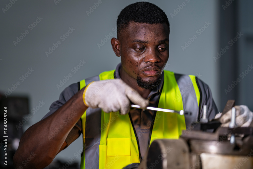 A skilled technician smiles while working on machinery in an industrial setting. Wearing a high-visibility vest and gloves, he displays expertise and enthusiasm, highlighting dedication in his craft. A skilled technician smiles while working on machinery in an industrial setting. Wearing a high-visibility vest and gloves, he displays expertise and enthusiasm, highlighting dedication in his craft.