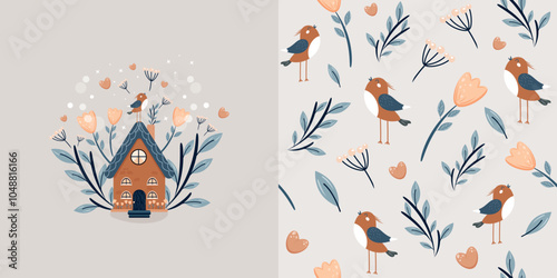 A cute house with flowering plants and birds. Seamless pattern, vector background. Perfect for fabric, textiles, bed linen, wallpaper and more.