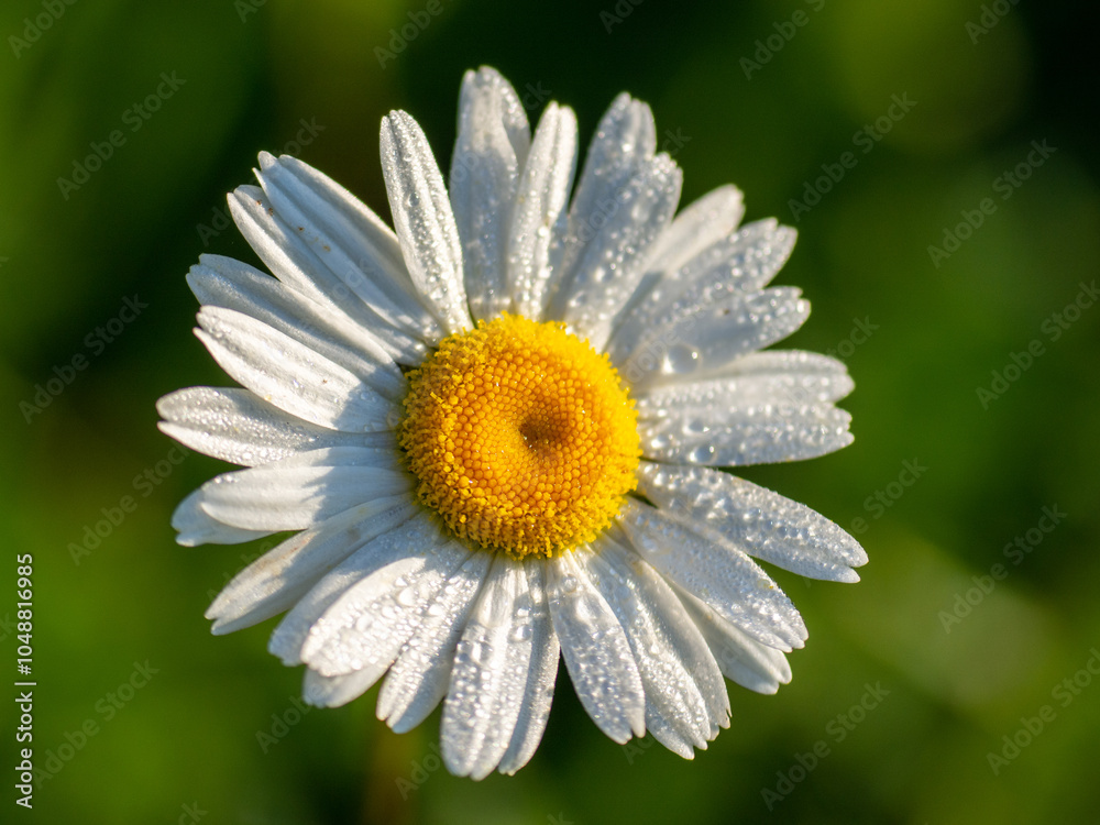 Leucanthemum vulgare, or garden chamomile close-up on a green background. A flower with dew drops. Weather forecast for the week Leucanthemum vulgare, or garden chamomile close-up on a green background. A flower with dew drops. Weather forecast for the week