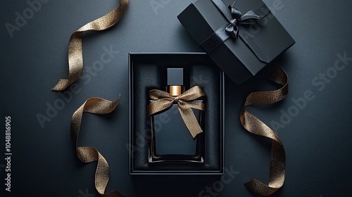 Black perfume bottle with gold ribbon in a black gift box on a dark background.
