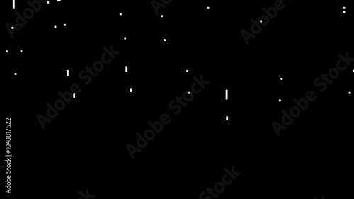 Falling white pixels cascading from the top against a black background. ideal backdrop for gamers, retro-style animations, or pixel art enthusiasts