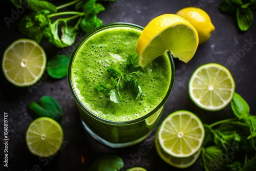 Above view of a green smoothie made of lemon and avocado