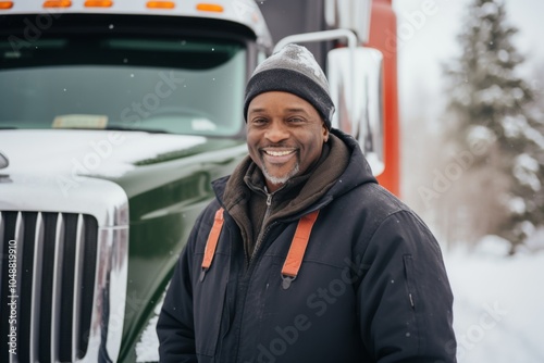 Portrait of a smiling middle aged male truck driver on snow