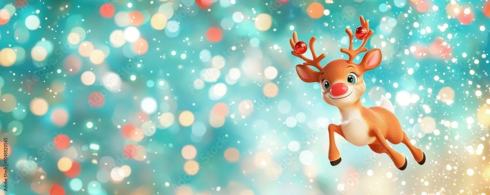 Magical reindeer flying through a glowing Christmas sky, whimsical and cute, 3D illustration Magical reindeer flying through a glowing Christmas sky, whimsical and cute, 3D illustration