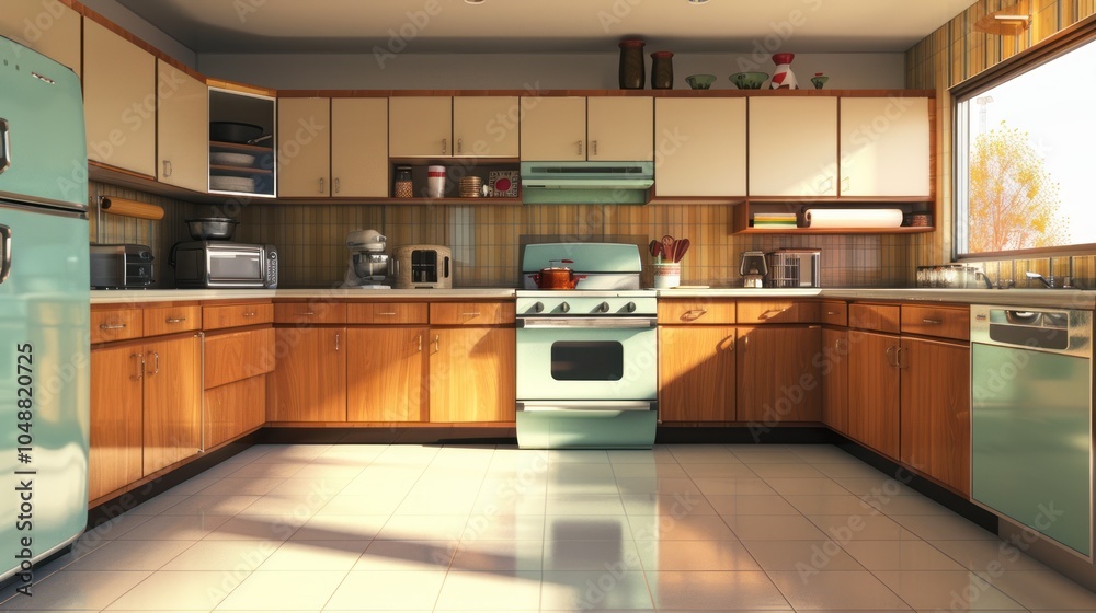 Fototapeta premium Retro Kitchen Interior with Green Appliances and Sunlight Streaming in