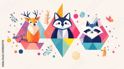 Cute animals in geometric shapes with vibrant color blocks, creating a playful artistic layout.