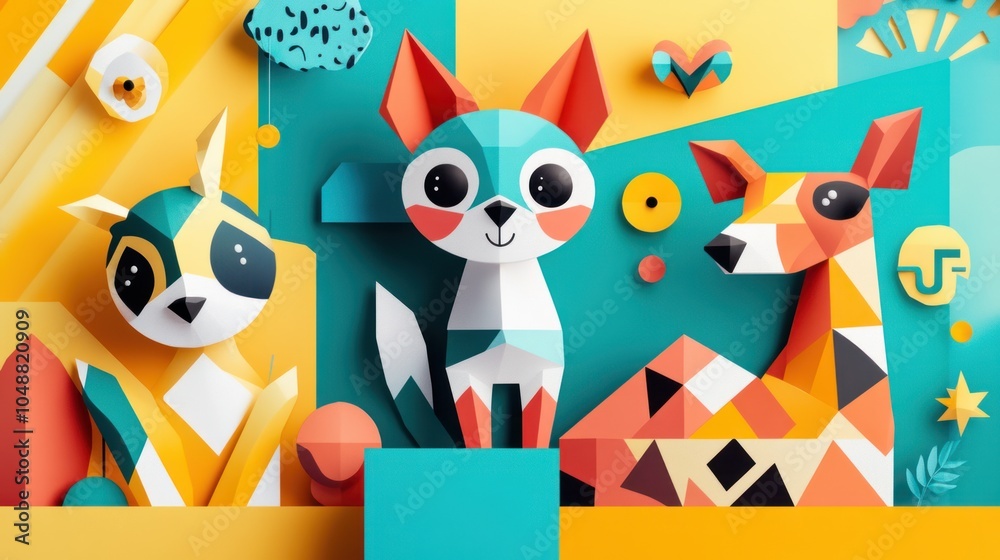 Cute animals in geometric shapes with vibrant color blocks, creating a playful artistic layout. Cute animals in geometric shapes with vibrant color blocks, creating a playful artistic layout.