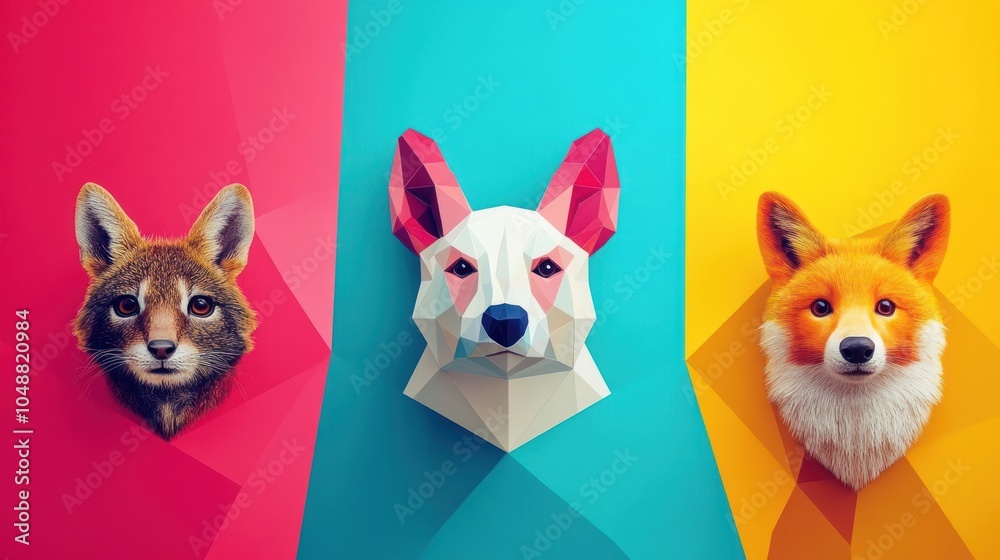 Fototapeta premium Cute animals in geometric shapes with vibrant color blocks, creating a playful artistic layout.