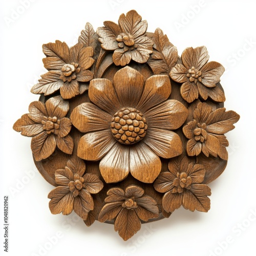 Wooden rosette with a floral design that has been intricately carved.