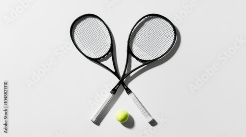 Minimalist image of two crossed tennis racquets with a tennis ball, photographed from above on a white background.