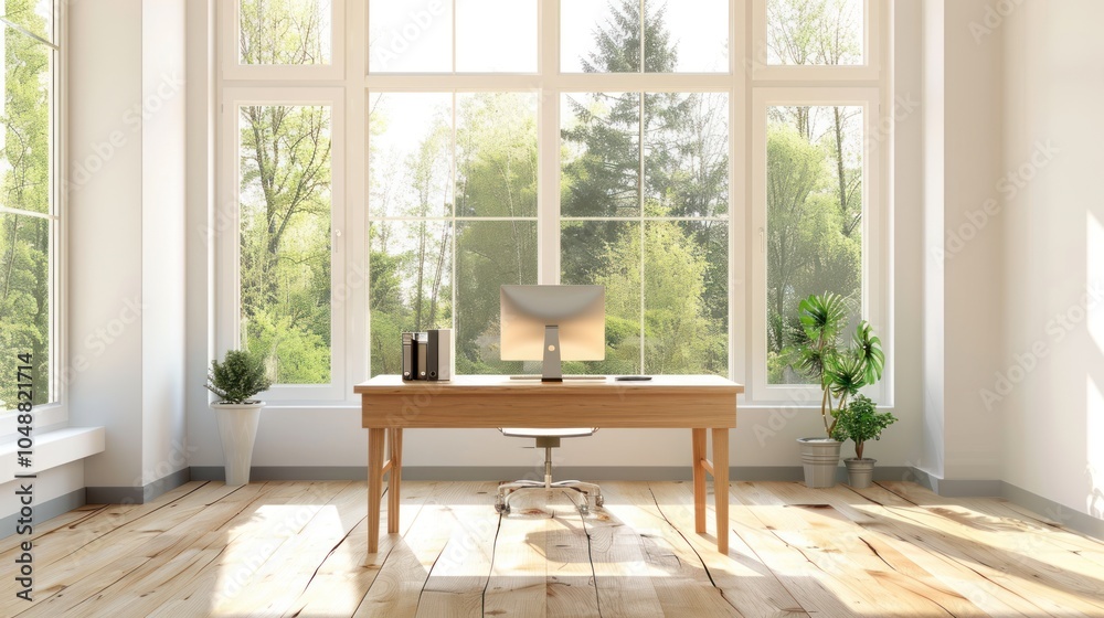 Minimalist Home Office with Large Windows and Wooden Desk