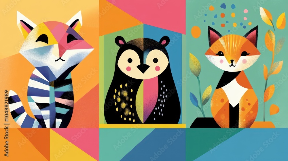 Fototapeta premium Cute animal art in geometric boxes, with abstract patterns and bright, modern color blocks.