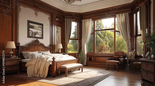 Ornate Bedroom with Wooden Accents and Window Views