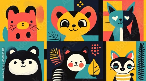 Cute animal illustrations placed in abstract boxes, with bold lines and vibrant colors.