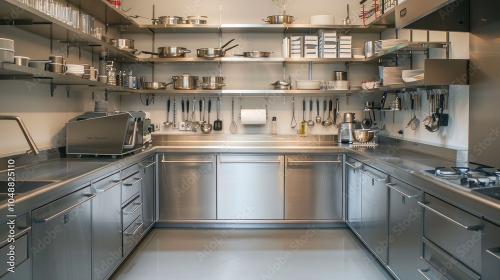 Modern Stainless Steel Kitchen with Open Shelving and Appliances Modern Stainless Steel Kitchen with Open Shelving and Appliances
