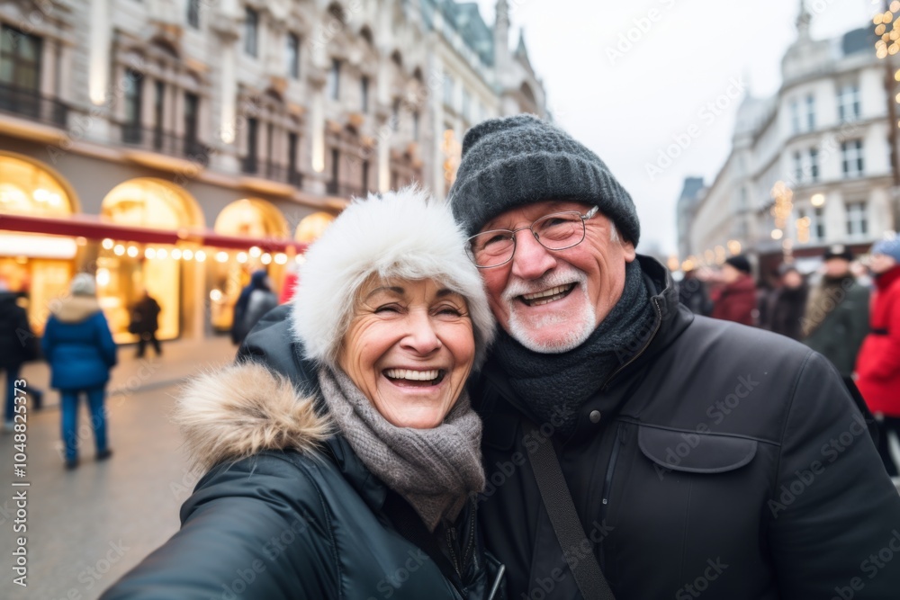Close up of senior couple taking selfie in city Close up of senior couple taking selfie in city