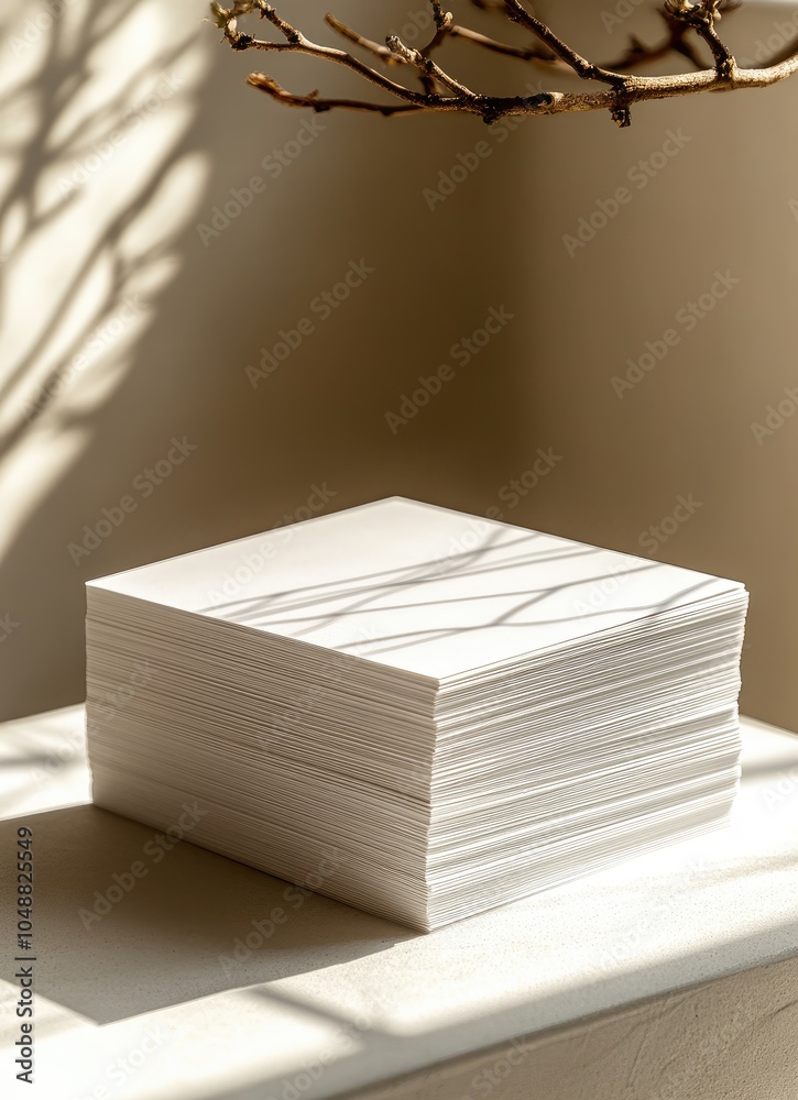 A stack of white paper cards on a table with a branch casting a shadow. A stack of white paper cards on a table with a branch casting a shadow.