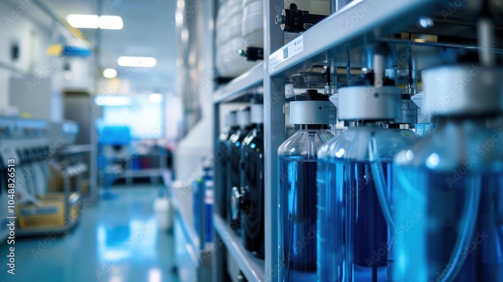 Fototapeta premium Close-up of Blue Liquid in Clear Containers on Metal Shelf in Industrial Setting