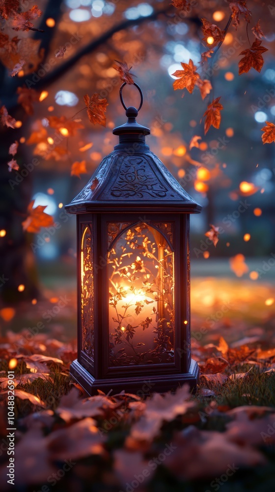 A rustic lantern with a flickering candle flame glows warmly amidst a bed of fallen autumn leaves. A rustic lantern with a flickering candle flame glows warmly amidst a bed of fallen autumn leaves.