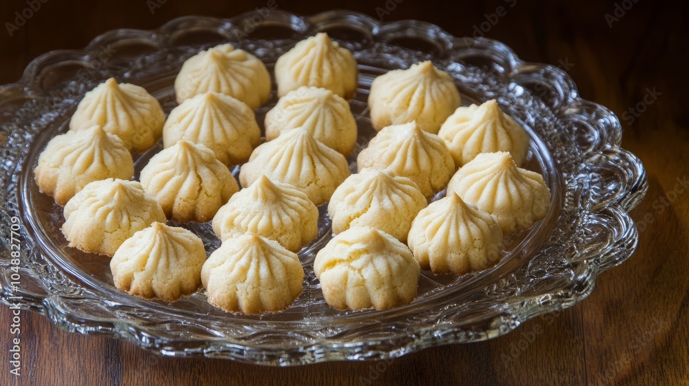 A close-up of a plate of freshly baked shortbread cookies. The cookies are arranged in a circular pattern on a glass plate, showcasing their delicate and buttery texture. A close-up of a plate of freshly baked shortbread cookies. The cookies are arranged in a circular pattern on a glass plate, showcasing their delicate and buttery texture.
