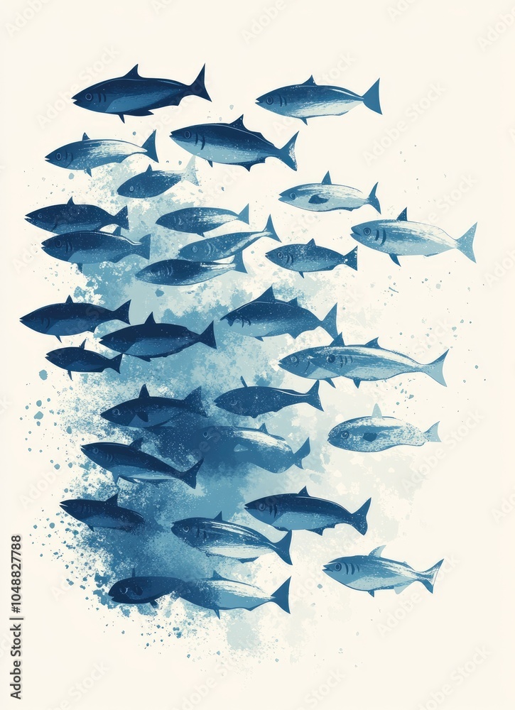 Obraz premium A school of blue fish swimming in a watercolor effect.