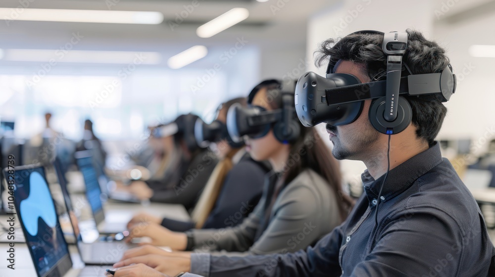 Man in VR Headset Using Laptop While Sitting in a Row of People Man in VR Headset Using Laptop While Sitting in a Row of People