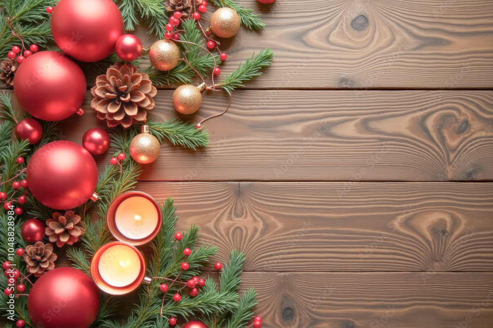 Christmas decoration on a wooden background, balloons, garland, lights, candles, minimalism Christmas decoration on a wooden background, balloons, garland, lights, candles, minimalism