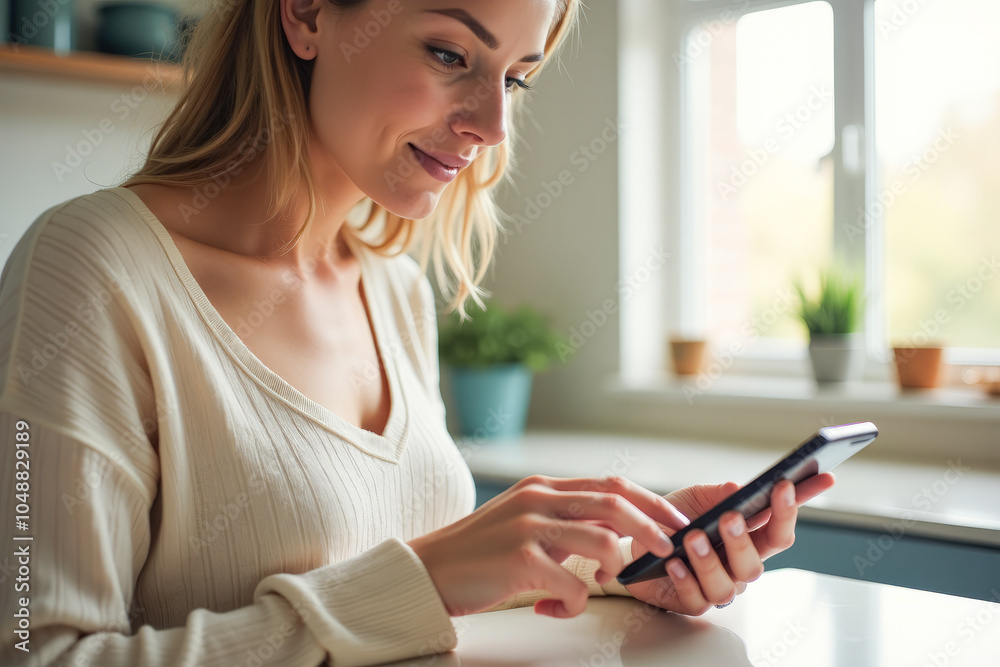 a woman in a bright kitchen is typing on her phone ,chatting in a messenger a woman in a bright kitchen is typing on her phone ,chatting in a messenger