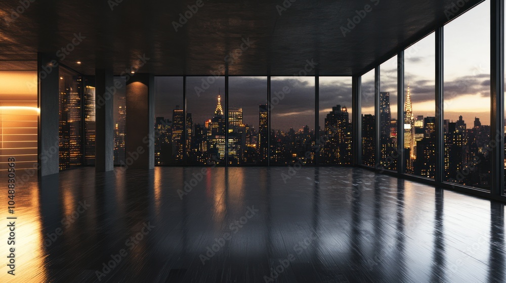 Fototapeta premium Empty floor overlooking the city lights at night, creating a peaceful cityscape view.