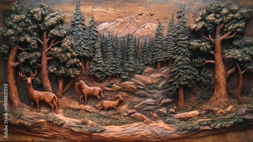 Forest landscape wood carving with carved trees, animals, and textured woodgrain details. photo