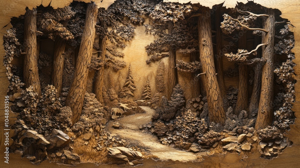 Forest scene carved into wood, showcasing detailed textures of trees and foliage in a natural landscape. Forest scene carved into wood, showcasing detailed textures of trees and foliage in a natural landscape.